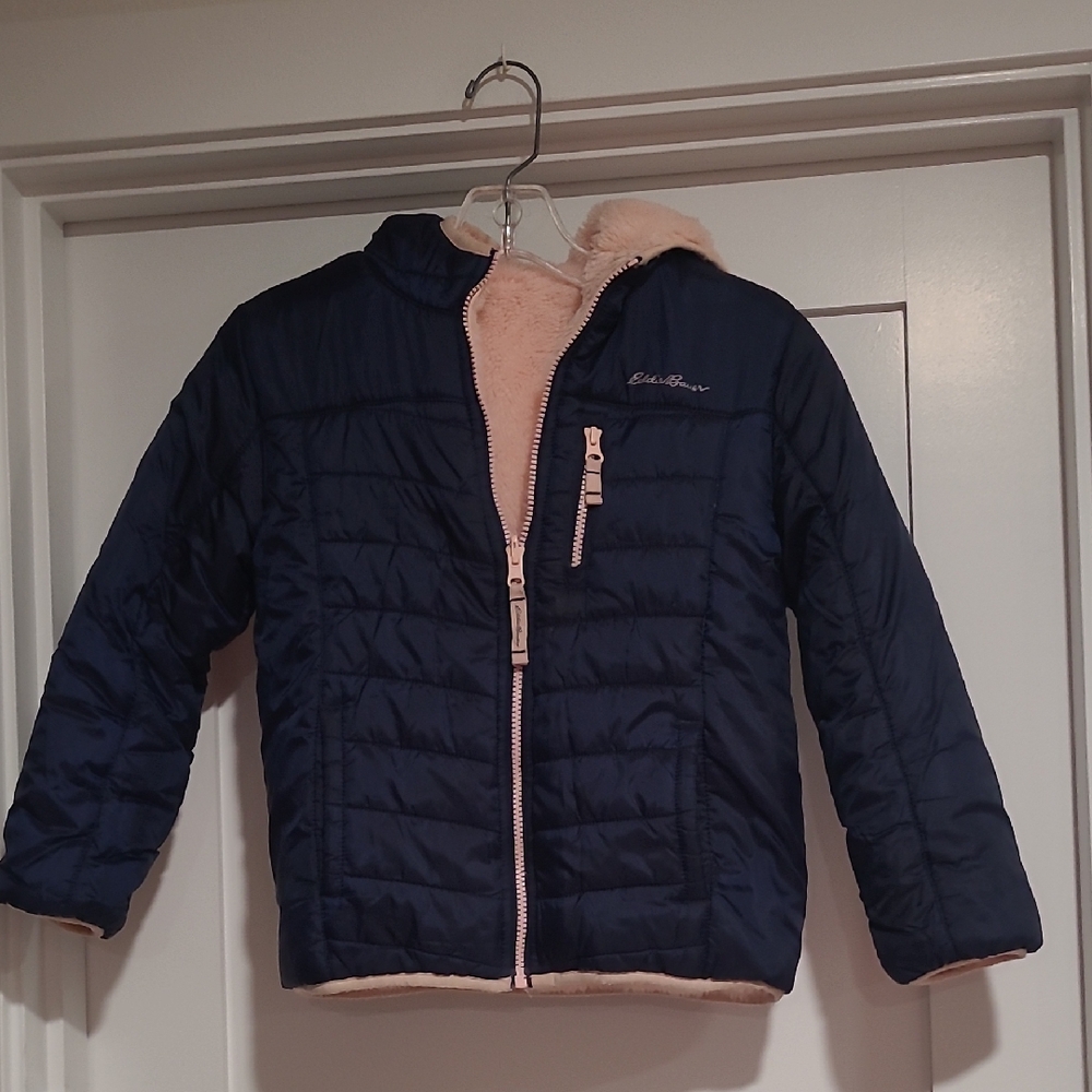 Eddie Bauer Kids Dark Blue Down Filled Puffer Jacket with Pink Fleece Lining